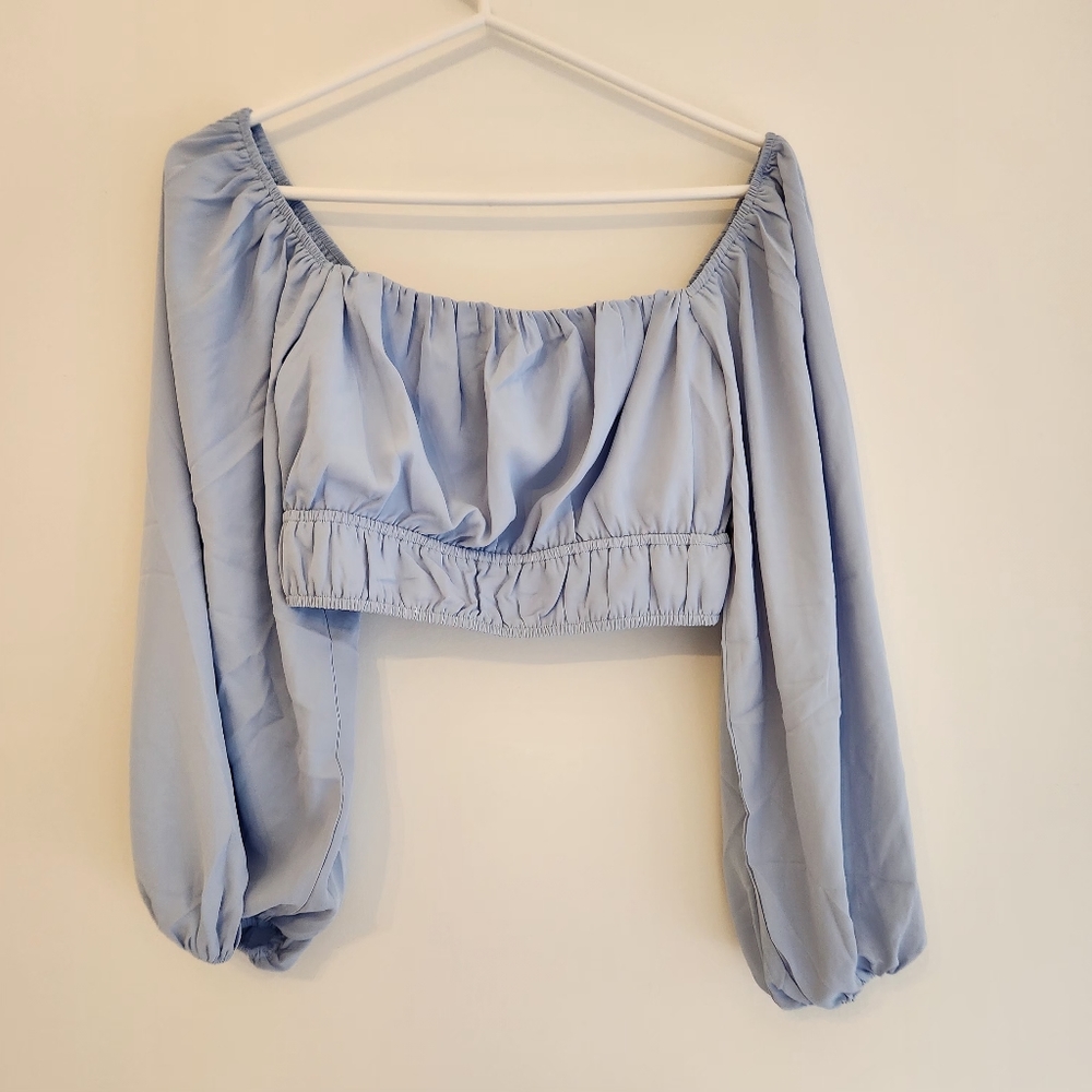 The Style Soiree - Light Blue Freesia Peasant Crop Top